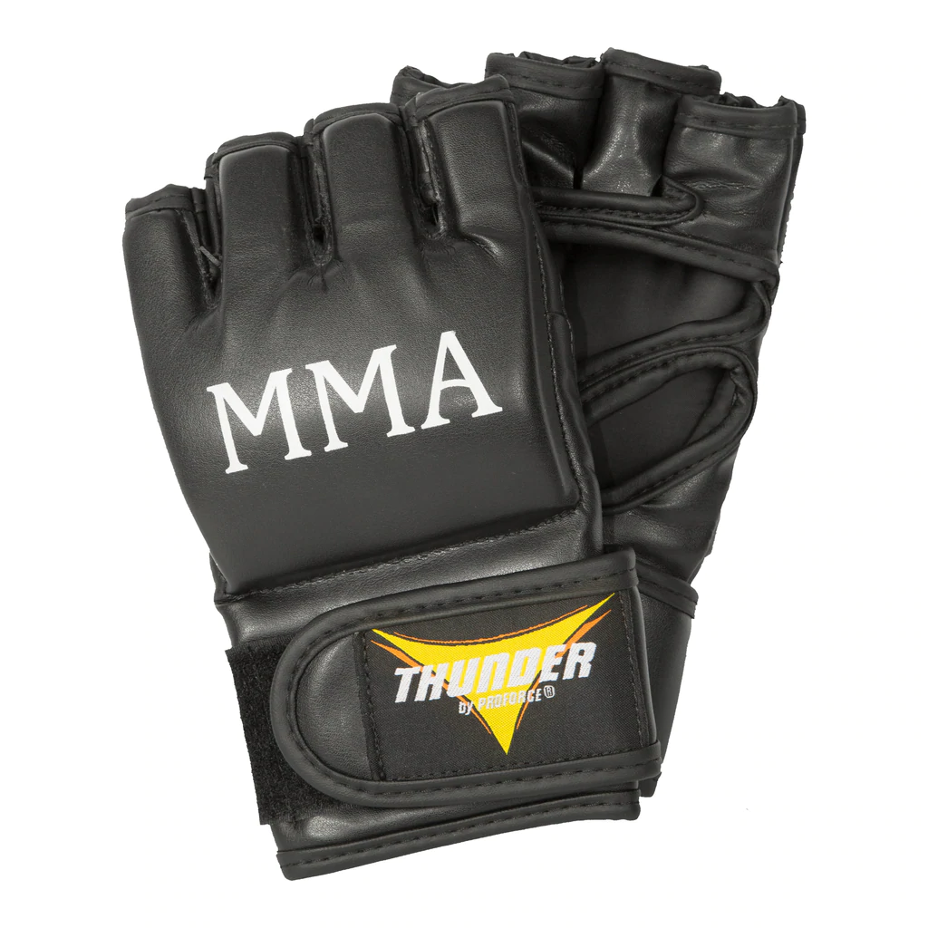ProForce Thunder Quality Vinyl MMA Gloves for everyday training or a demanding competition, these ProForce Thunder Vinyl MMA Gloves are a must. They have been tested and proven to be the best gloves for MMA fighters. They feature an adjustable wrist wrap with hook loop closure that ensures a perfect punch every time. Short padded fingers and an open palm with a thumb loop help you to grip. This makes it easy to grab your opponent’s arm or leg and throw them out of position. Weighs approximately 5 ounces.
